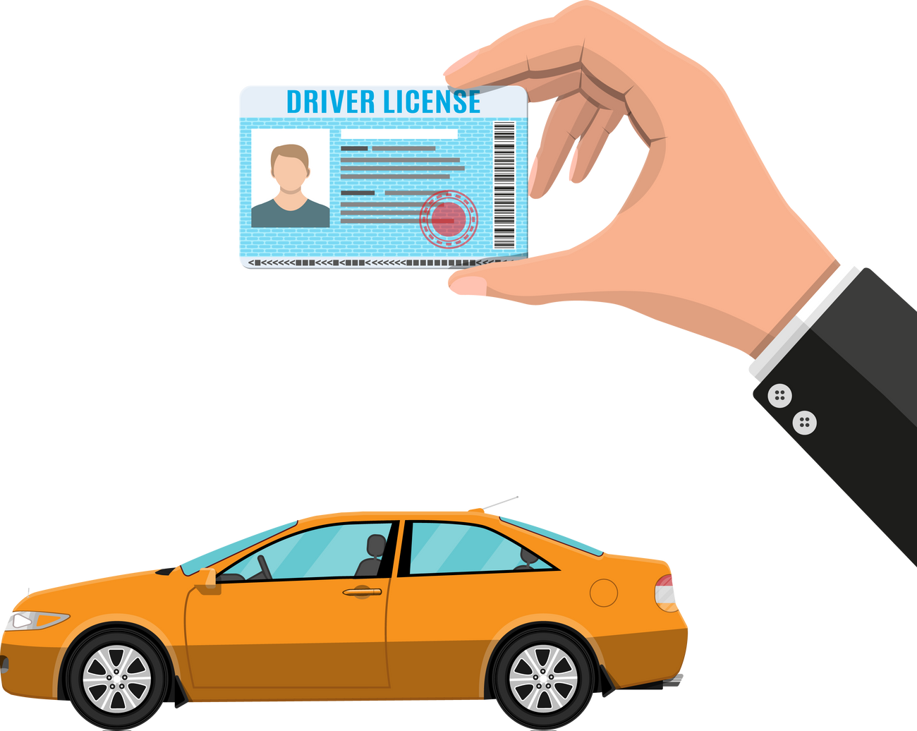 Driver License in Hand and Orange Sedan Car