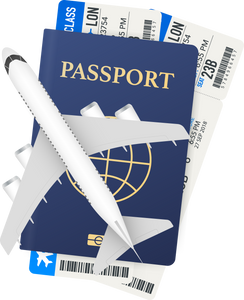 Passports, boarding passes and airplane